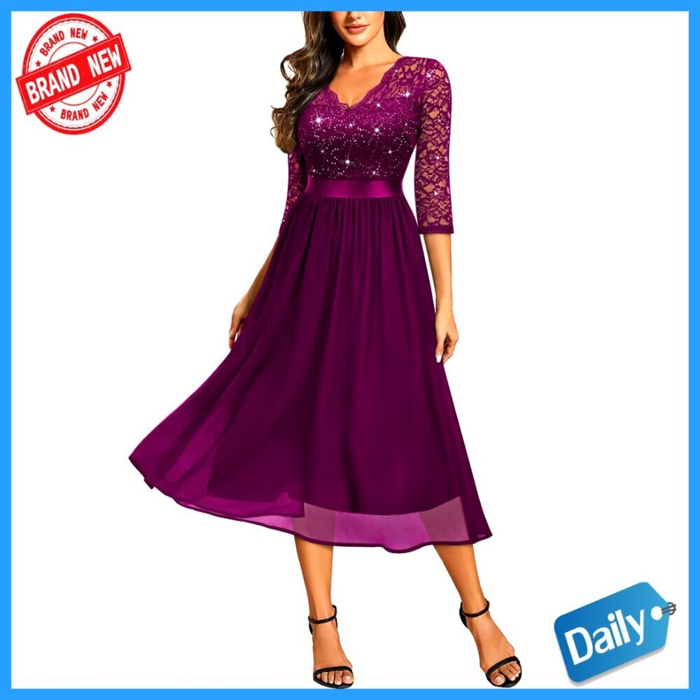 Elegant Sequin Lace Sleeve V Neck A-Line Formal Dress Evening Party Wear